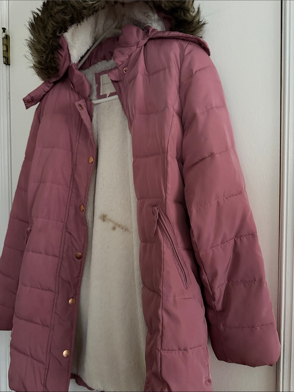 Copper Key Mauve Pink Puffer Coat with Faux Fur Hood 14/16